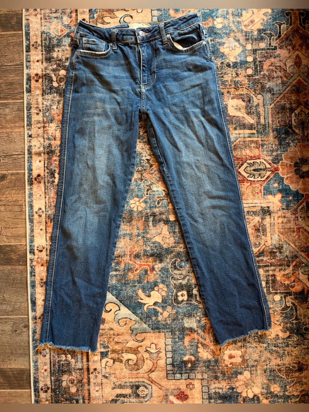 Free People Straight Leg Denim Jeans in Blue with Raw Hem
